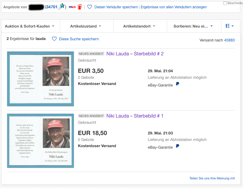 Bildschirmfoto von heute Nachmittag – dieser Händler bietet zwei Trauerkarten von Niki Lauda an