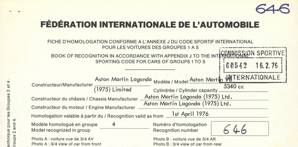 Homologationsblatt des Aston Martin V8 in der Gruppe 4 – bestätigt von der britischen ASN