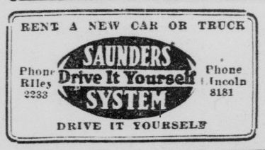 Werbeanzeige der Saunders System Inc. in der Indianapolis Times vom 18. Mai 1929 für ihre Autovermietung
