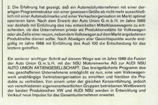 Im Geschäftsbericht 1969 beschreibt Volkswagen seine Pläne für die neue Tochter AUDI NSU AUTO UNION AKTIENGESELLSCHAFT.