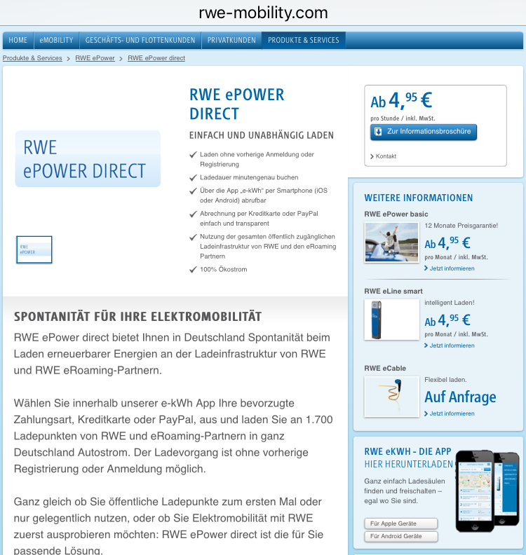 Um zu laden, benötige ich die e-kWh App. Dann kann ich an der Ladesäule von RWE mit der Kreditkarte oder Paypal bezahlen