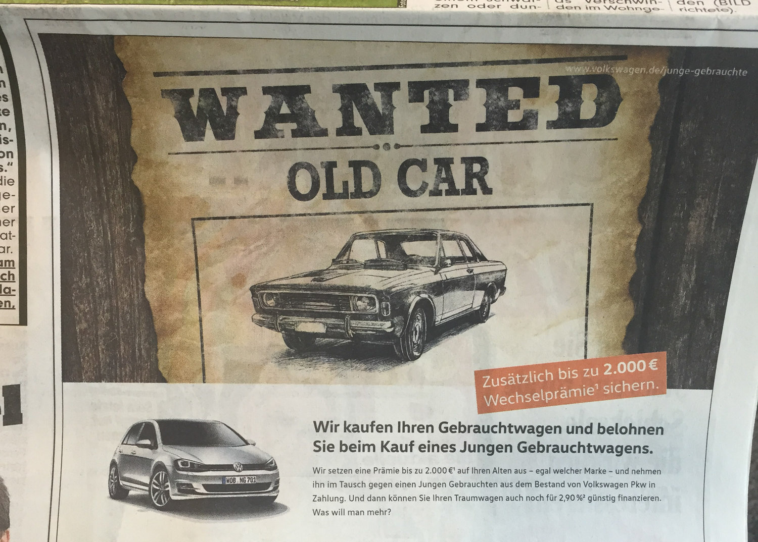 Ausriss aus der Bild mit einer Anzeige von VW