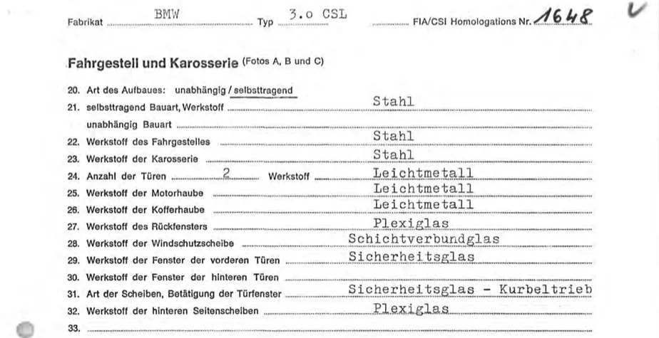 Auszug aus dem Homologationsblatt des BMW 3.0 CSL