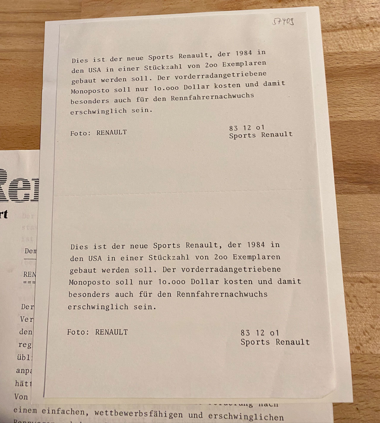 Rückseite des Pressefotos zum Sports Renault