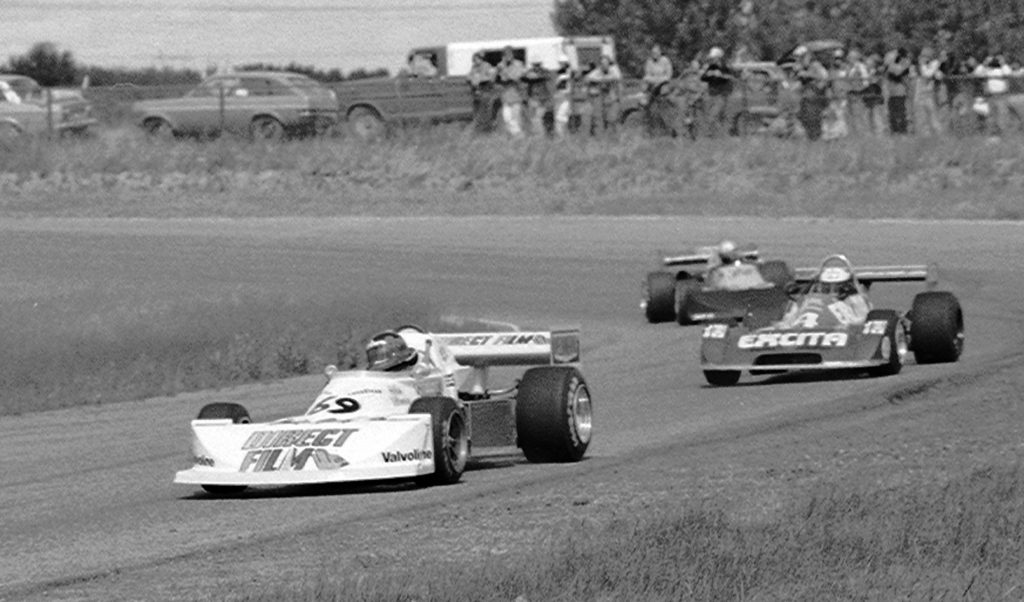 Gilles Villeneuve and Keke Rosberg, Edmonton International Speedway Formula Atlantic race 1977. Photo: Fred Young