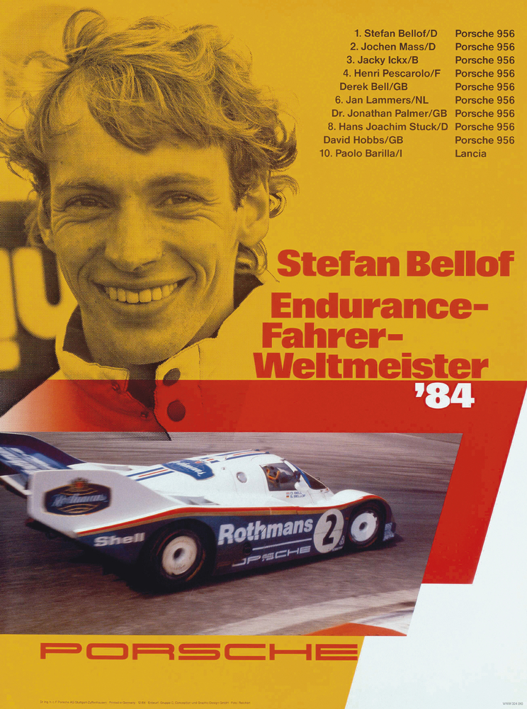 Ein Jahr nach seinem Rekord auf der Nordschleife gewann Stefan Bellof 1984 für Porsche den Titel des Sportwagen-Weltmeisters. Porsche feierte den Triumph mit einem seiner Siegerplakate. (Foto: Porsche)