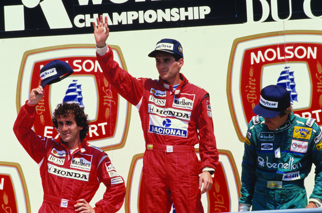 Ayrton Senna, Alain Prost und Thierry Boutsen 1988 nach dem GP von Kanada