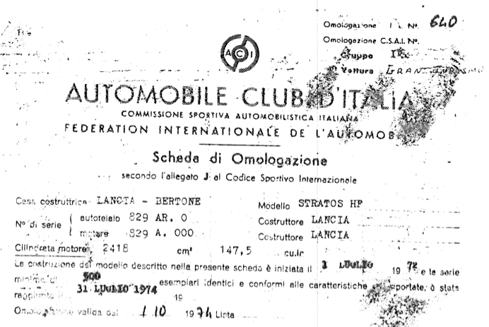 Homologationsblatt des Lancia Stratos 