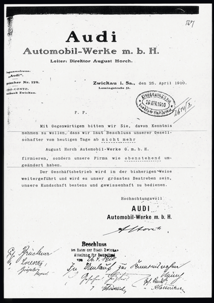 1910 erhielt die neue Firma von August Horch offiziell den Namen Audi.
