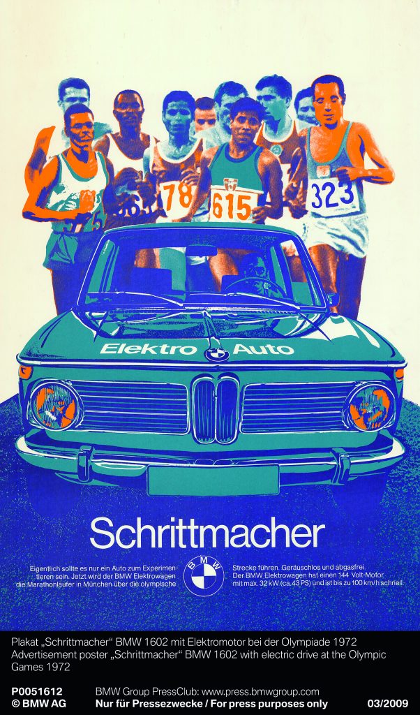 Werbeplakat zum Einsatz des BMW 1602 Electric