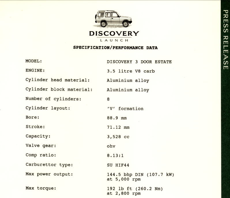 Pressemitteilung zum Start des Land Rover Discovery - Antrieb Rover V8