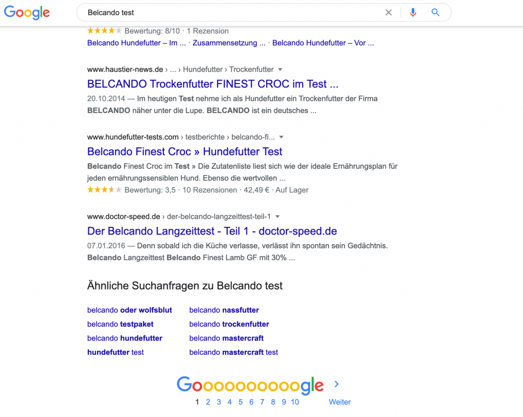 doctor-speed.de ist bei der Suchwort-Kombination "Belcando Test" bei Google auf Seite 1 zu finden.